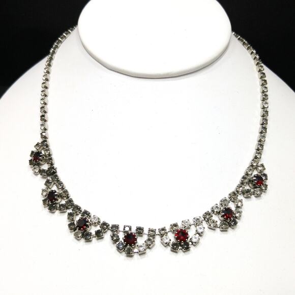 Vintage 1960s Rhinestone Choker Necklace, Rhodium Plated, Red Gray Clear Stones - Picture 1 of 10